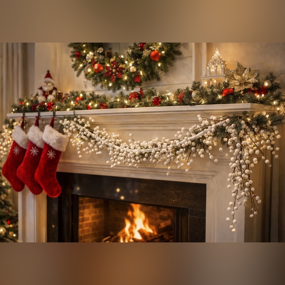 white faux berry Christmas garland NEW NWT 6 feet festive mantle Xmas